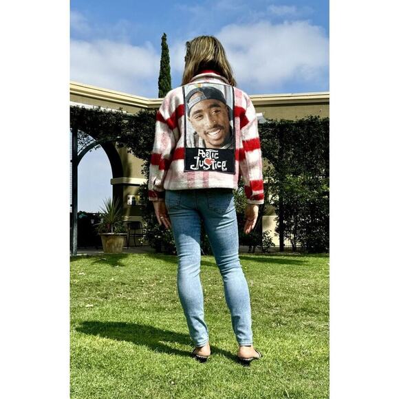 TUPAC SHAKUR Poetic Justice Upcycled Patched Vintage 80s 90s Plaid Jacket Size S - Picture 1 of 9